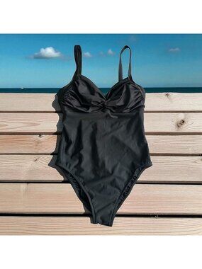 TROPICAL ESCAPE Black Sweetheart Ruched One Piece Bathing Suit Swimsuit Size 14